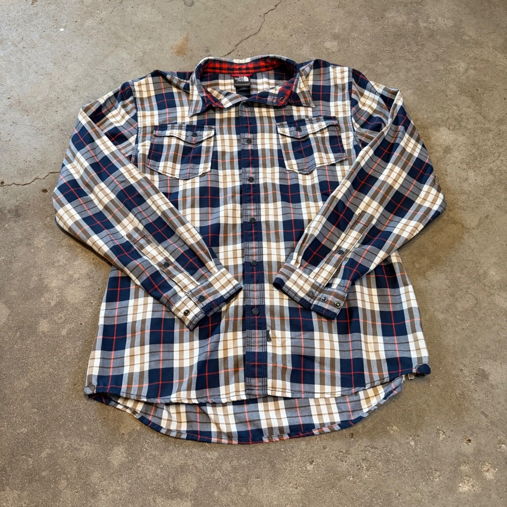 The North Face Plaid Shirt Mens Large Blue Tan Long Sleeve Polyester Button Up